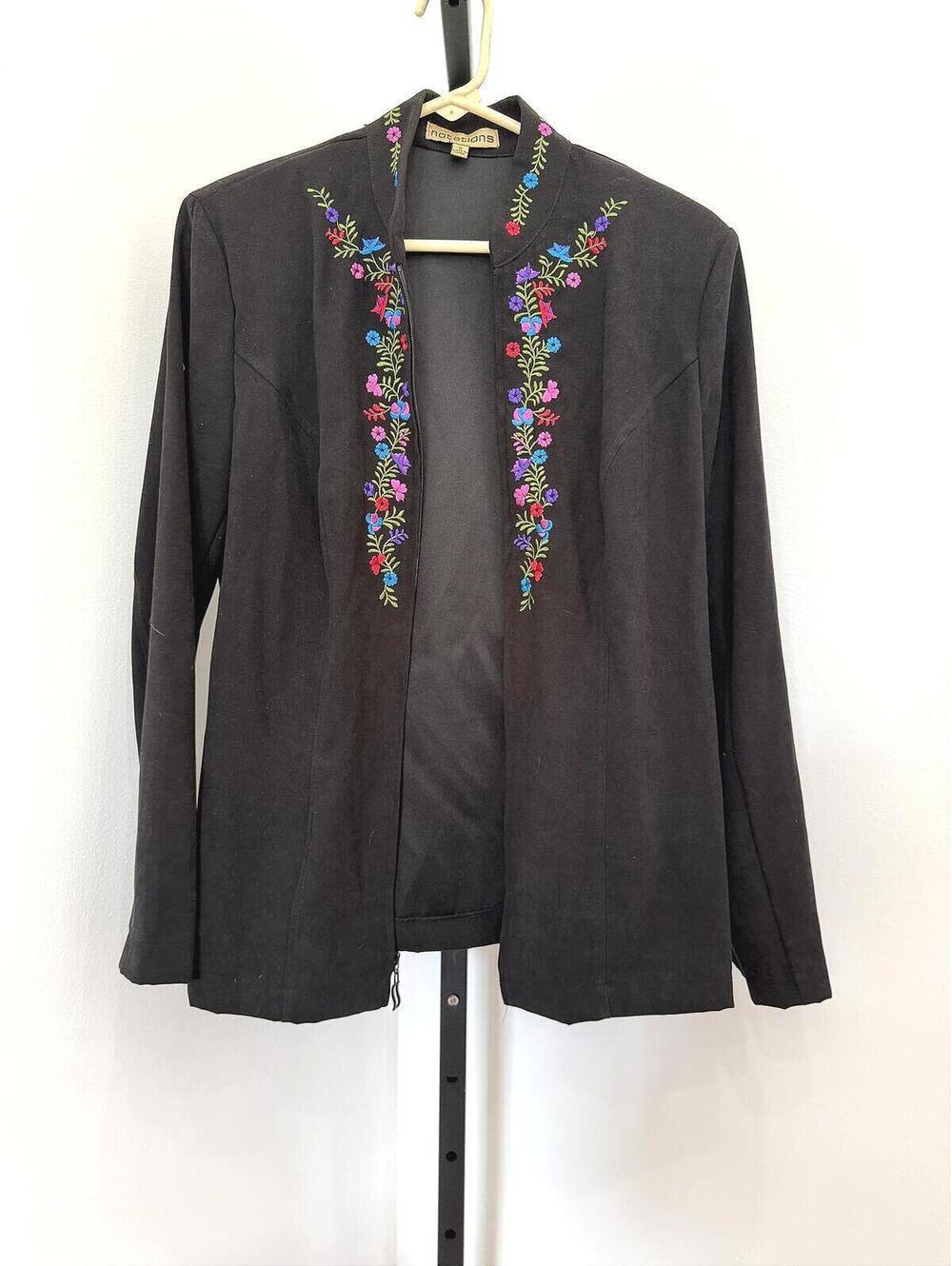 Notations Black Open Front Cardigan with Colorful Floral Embroidery